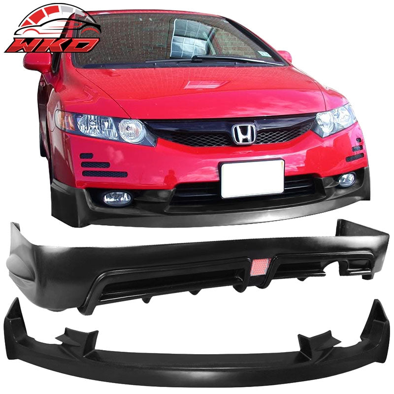 Fits 09-11 Civic 4Door PU Mugen Front & PP Rear Bumper Lip Spoiler & Brake Lamp