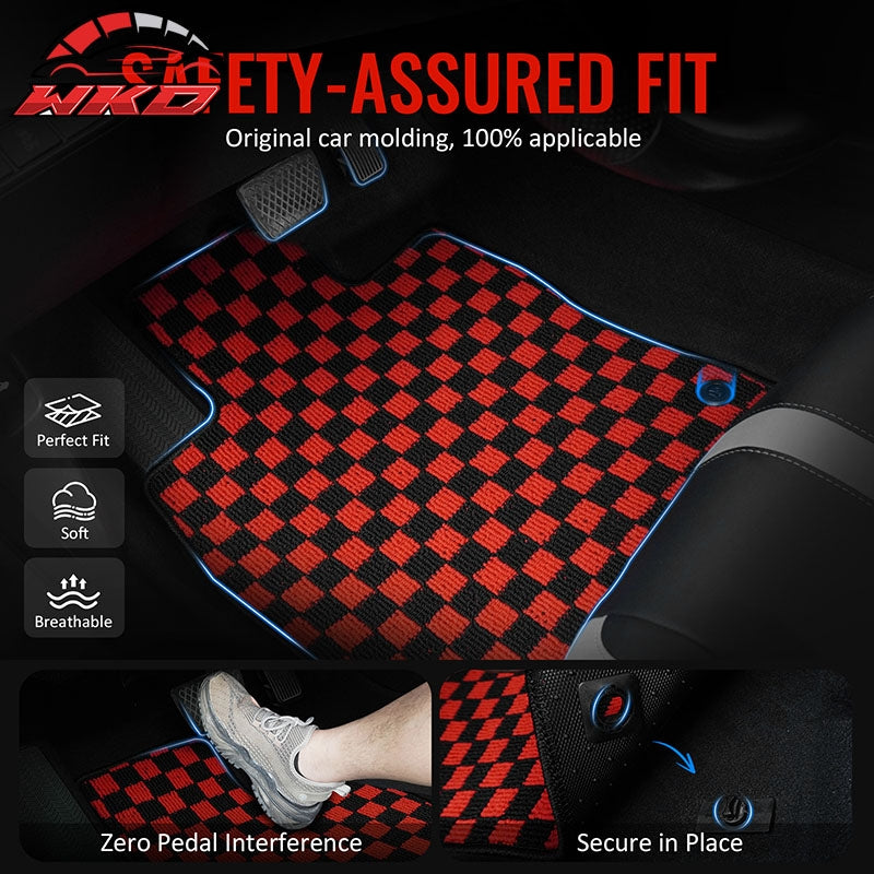 Fits 16-21 Honda Civic Anti-slip Floor Mats Checkered Carpets Black Red Plaid