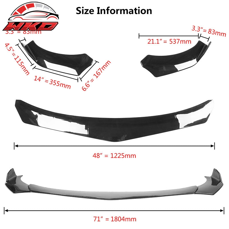 Fits Honda Civic 66"-71" Gloss Black Front Bumper Lip + Strut Rods Carbon Fiber