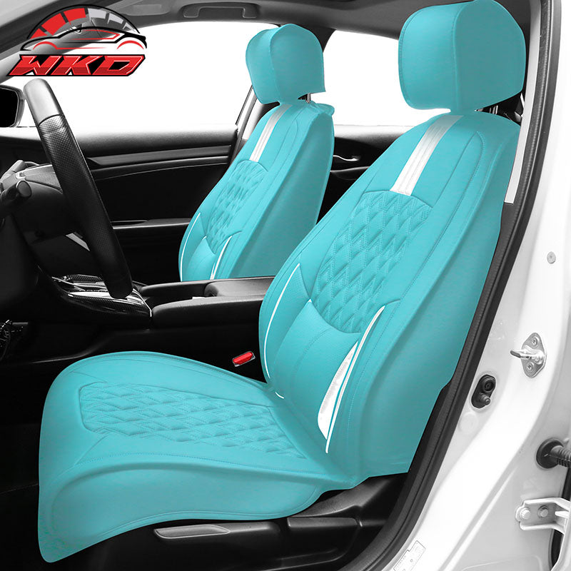 Wholesale 16-21 Honda Civic 5 Seats PU Leather Car Seat Covers w/ Lumbar - Cyan&White
