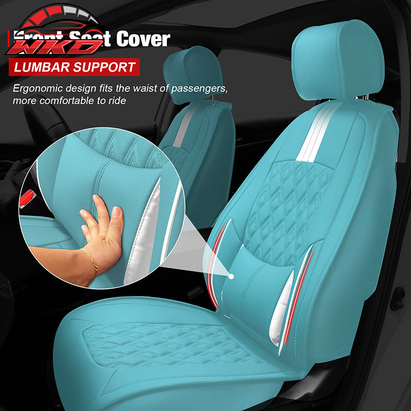 Fits 16-21 Honda Civic 5 Seats PU Leather Car Seat Covers w/ Lumbar - Cyan&White