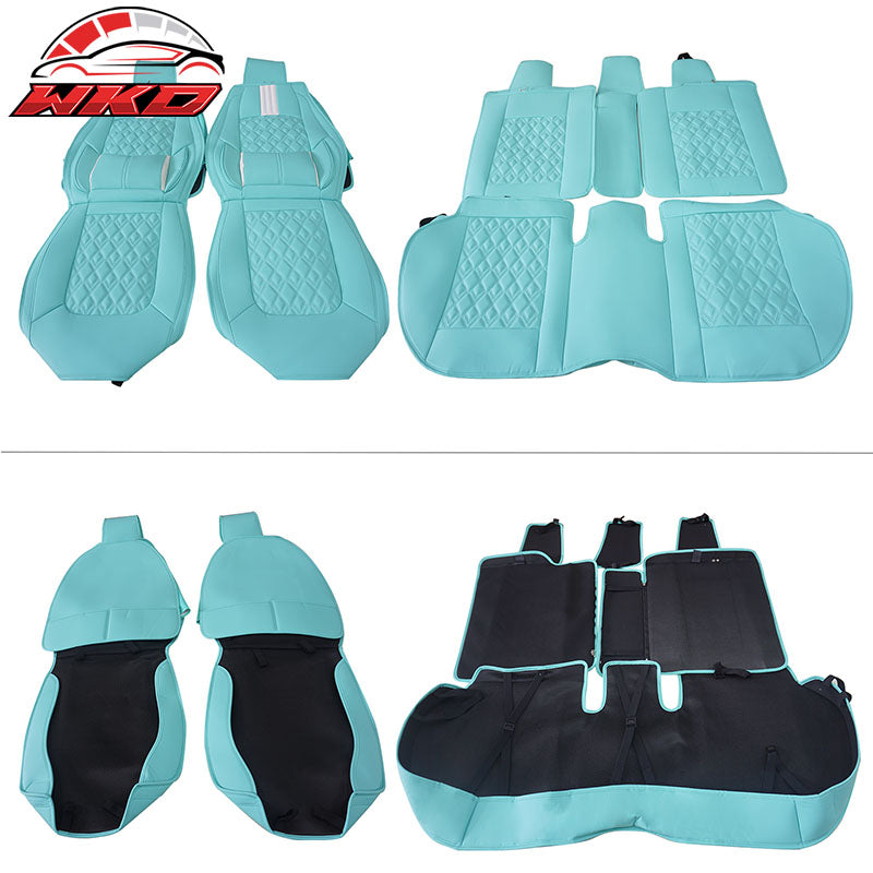 Fits 16-21 Honda Civic 5 Seats PU Leather Car Seat Covers w/ Lumbar - Cyan&White