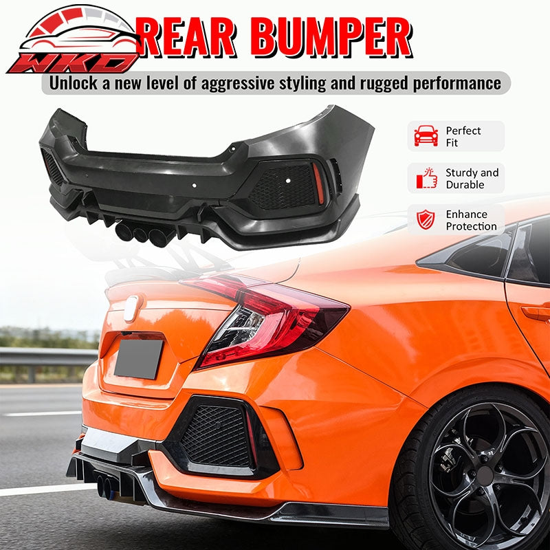 Fits 16-21 Honda Civic Sedan TR Style Rear Bumper Cover Replacement W/Diffuser