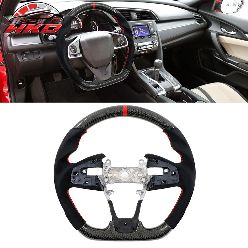 Fits 16-21 Honda Civic Carbon Fiber Steering Wheel Alcantara Red Stitch w/ Ring