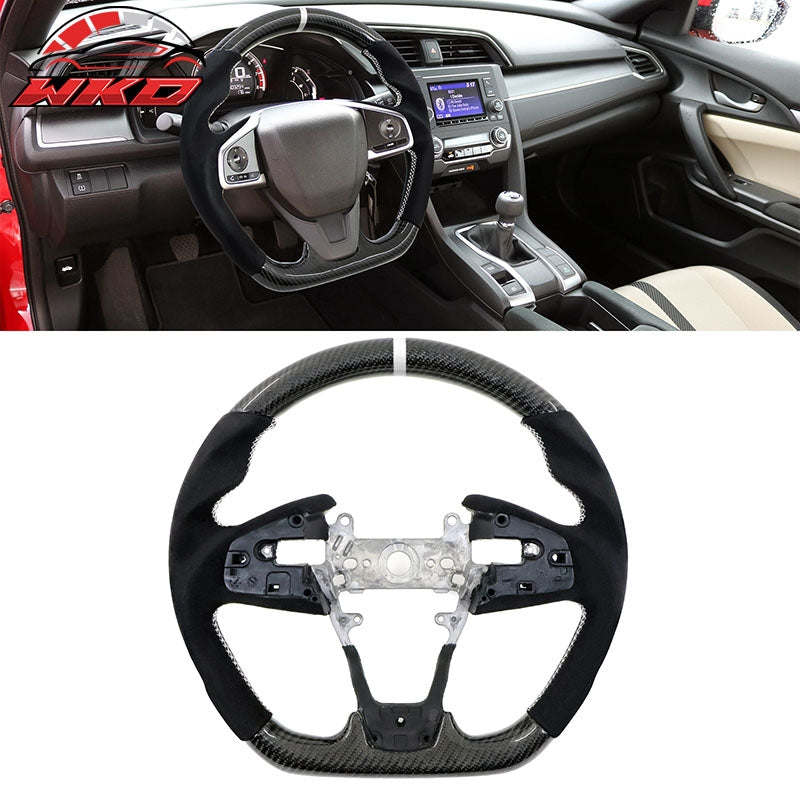 Fits 16-21 Honda Civic Carbon Fiber Steering Wheel Alcantara White Stitch & Ring