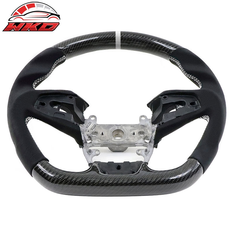 Fits 16-21 Honda Civic Carbon Fiber Steering Wheel Alcantara White Stitch & Ring