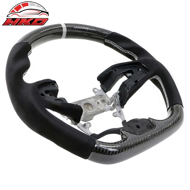 Fits 16-21 Honda Civic Carbon Fiber Steering Wheel Alcantara White Stitch & Ring