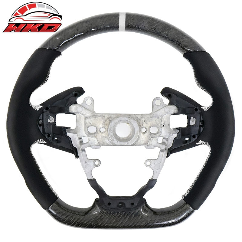 Fits 16-21 Honda Civic Carbon Fiber Steering Wheel Alcantara White Stitch & Ring