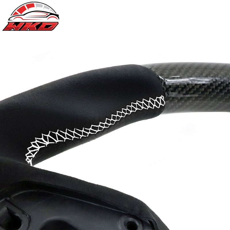 Fits 16-21 Honda Civic Carbon Fiber Steering Wheel Alcantara White Stitch & Ring