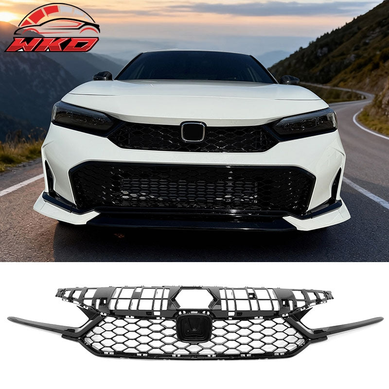 Fits 25-26 Honda Civic Type R Style Front Bumper Upper Lower Grilles Gloss Black