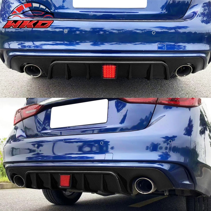 Fits 18-24 Infiniti Q50 Carbon Fiber Print LED Brake Light Rear Bumper Diffuser