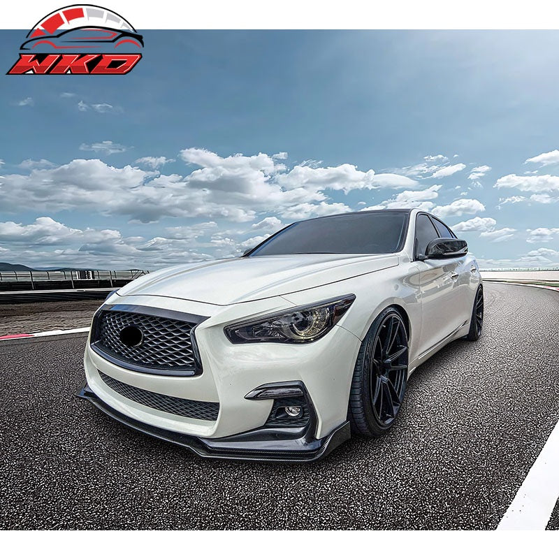 Fits 18-24 Infiniti Q50 Carbon Fiber Print Sport Front Bumper Lip Spoiler 3PC