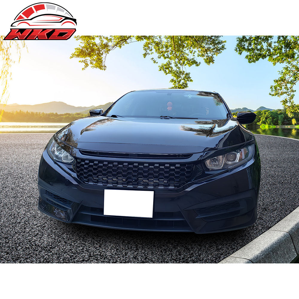 Fits 16-21 Civic Coupe Sedan Hatchback Gloss Black Mesh Grille With 2PC Eyebrows