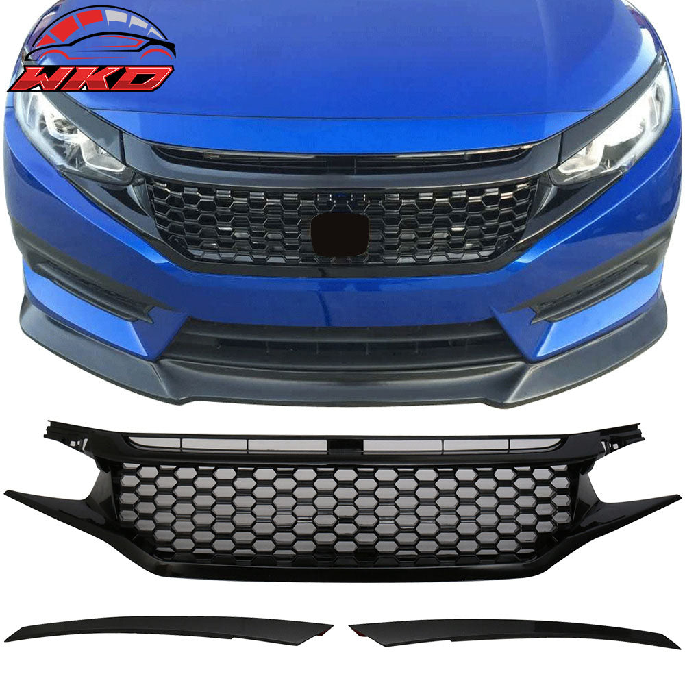 Fits 16-21 Civic Coupe Sedan Hatchback Gloss Black Mesh Grille With 2PC Eyebrows