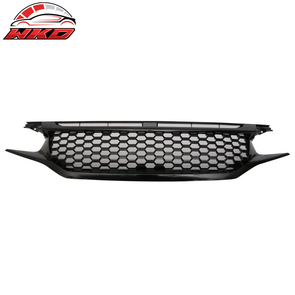 Fits 16-21 Civic Coupe Sedan Hatchback Gloss Black Mesh Grille With 2PC Eyebrows