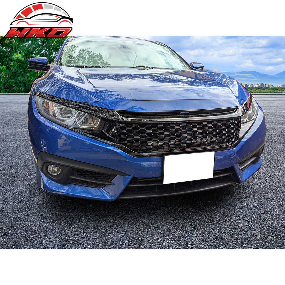 Fits 16-21 Civic Coupe Sedan Hatchback Gloss Black Mesh Grille With 2PC Eyebrows