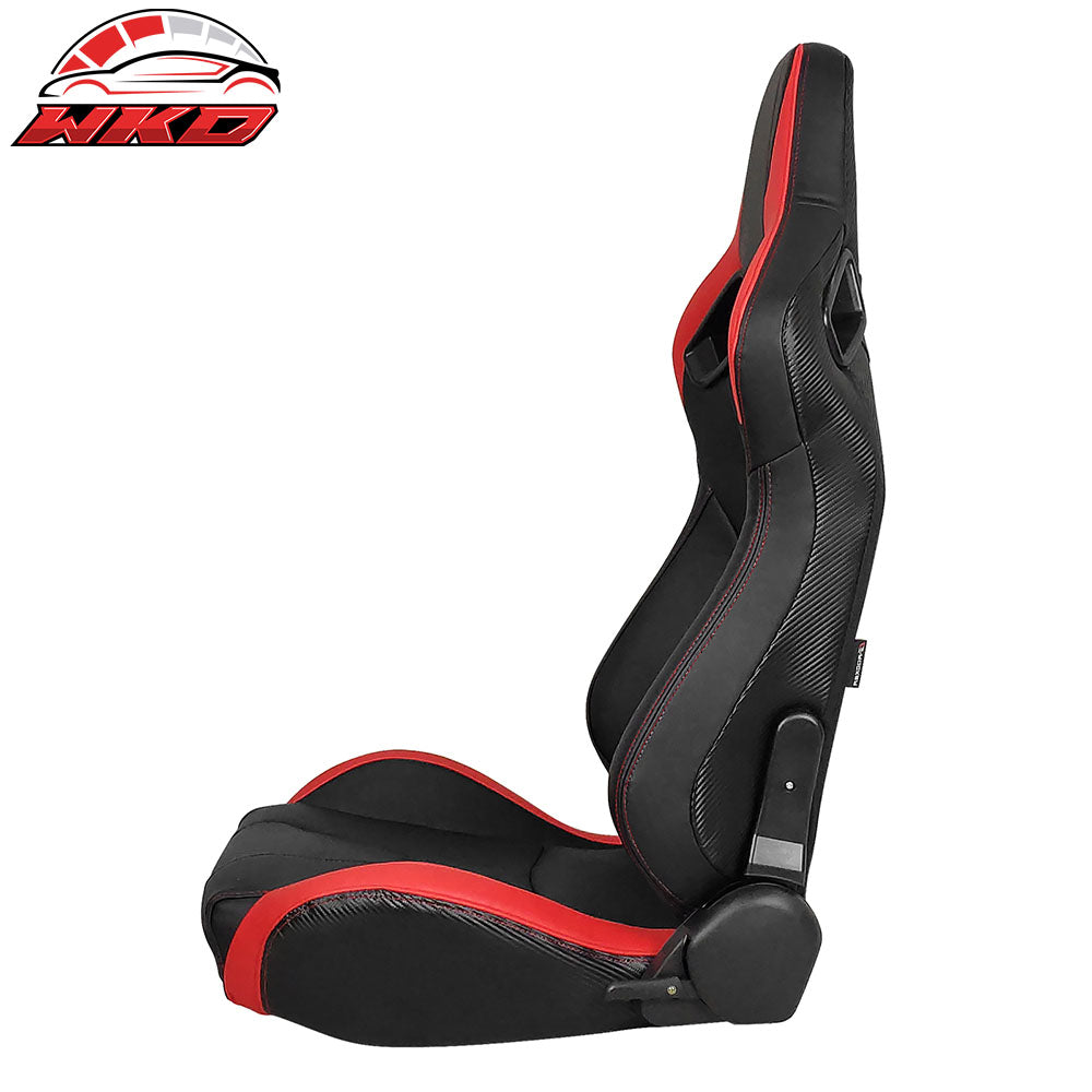 Universal Reclinable Racing Seat Dual Slider Left PU & Carbon Leather Red Stripe