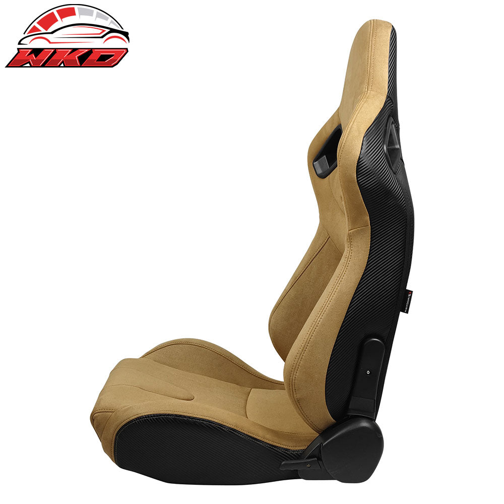 Universal Reclinable Racing Seat Dual Slider Left Brown Suede & Carbon Leather