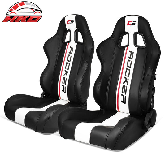 Pair Reclinable Racing Seat Dual Slider Black PU WH Stripe | Wholesale