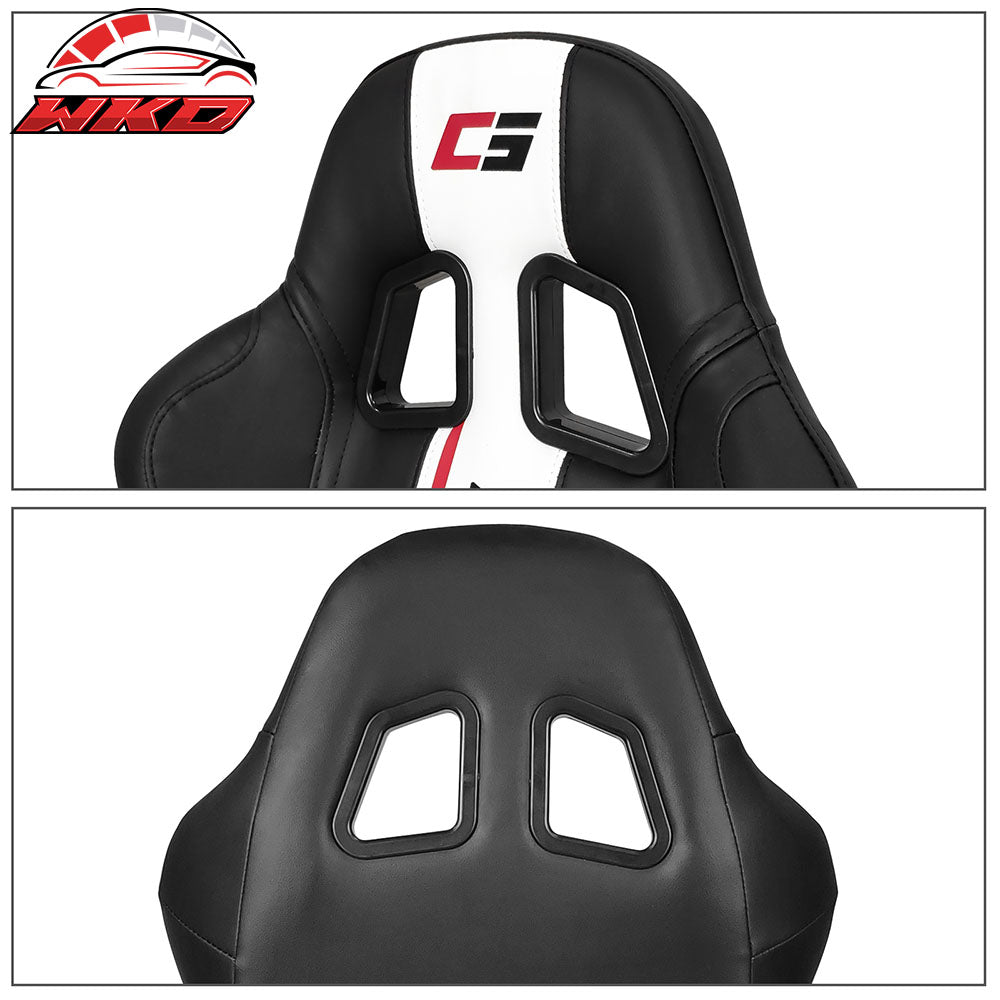 Universal Pair Reclinable Racing Seat Dual Slider Black PU WH Stripe