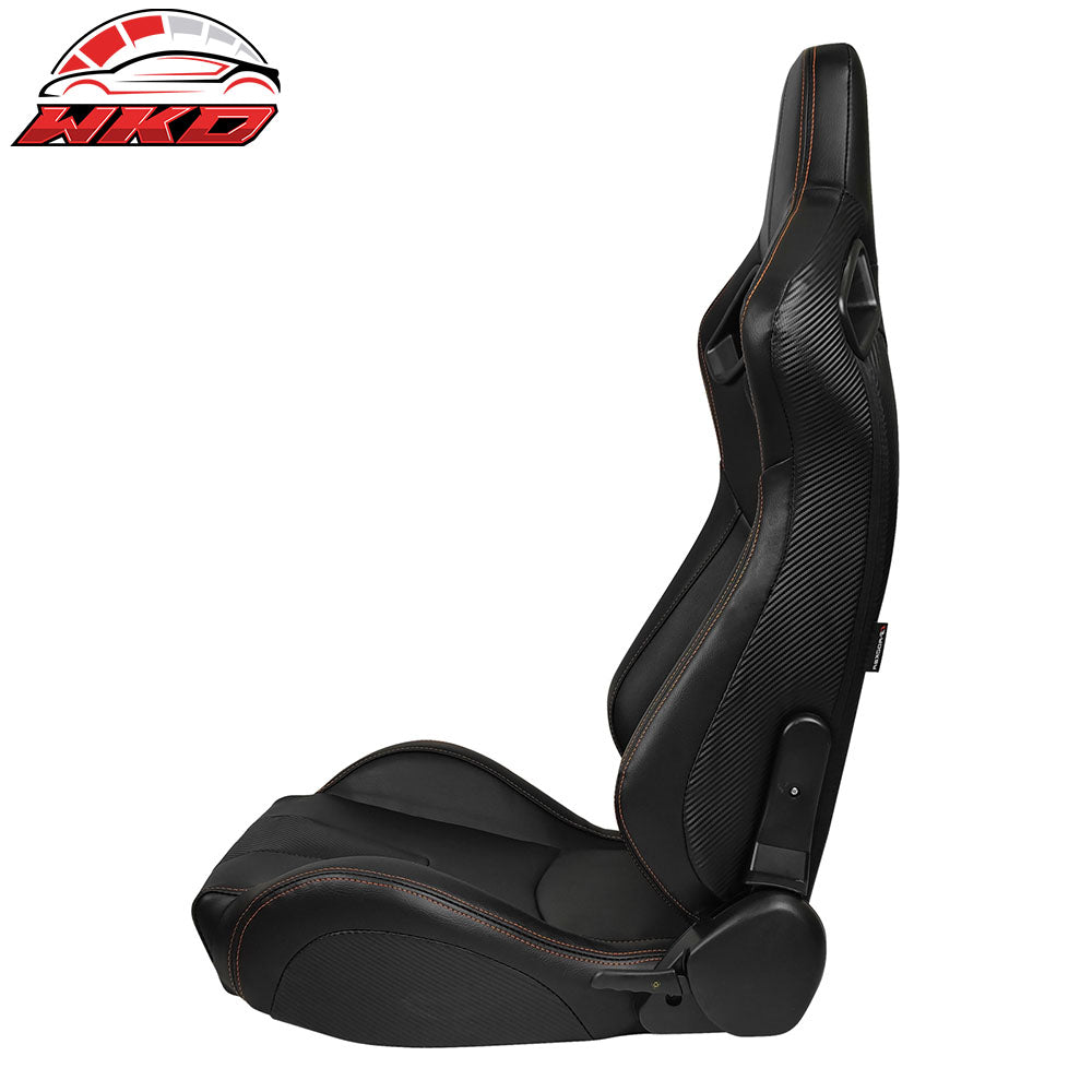 Universal Adjust Racing Seat Dual Slider Left PU Carbon Leather Orange Stitch