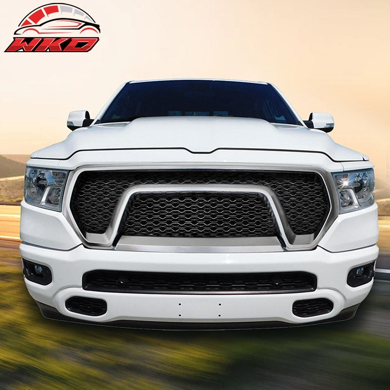 Fits 19-24 Ram 1500 Rebel Style Front Bumper Hood Grille Replacement Gloss Black