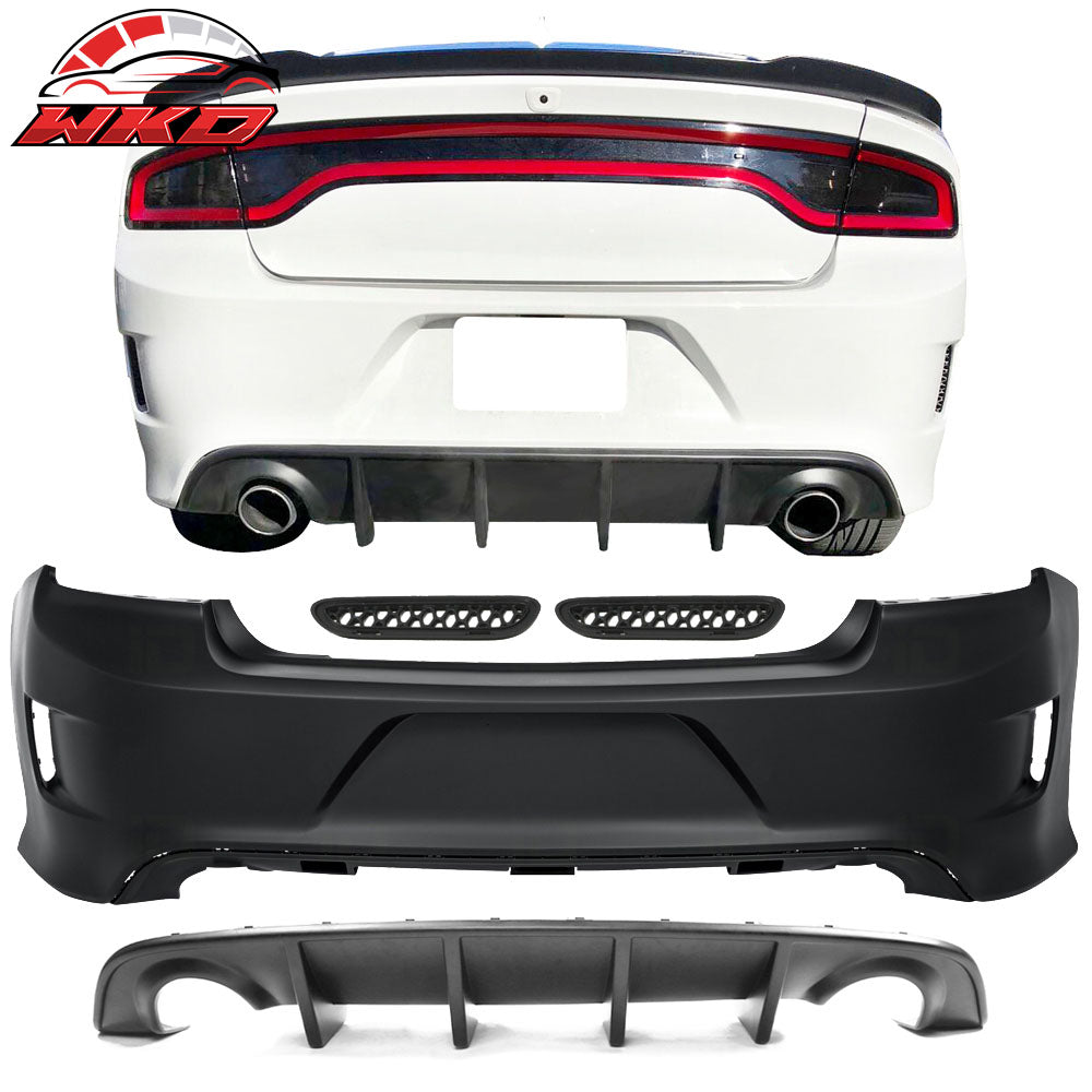 Fits 15-23 Dodge Charger V1 Style Rear Bumper Cover + Matte Black Diffuser PP