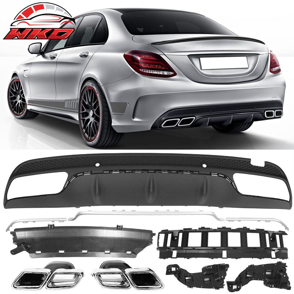 Fits 15-18 Benz W205 C Class AMG Style Rear Bumper Lip Diffuser W/Tip PP