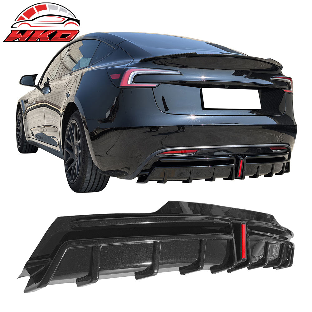Fits 24-25 Tesla Model 3 Highland Rear Bumper Diffuser Gloss Black Lip LED Apron