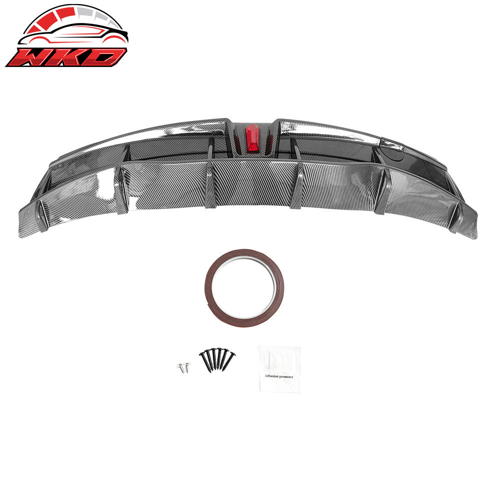 For 20-24 Tesla Y IKON Carbon Fiber Print Rear LED Diffuser Lip W/ Corner Aprons