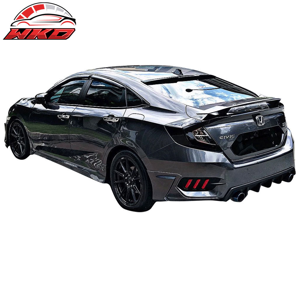 Fits 16-21 Civic Sedan 4Dr Trunk Spoiler Si Sport Wing & LED - Matte Black ABS