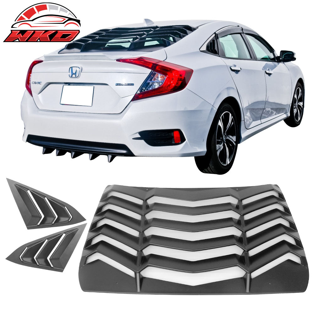 Fits 16-21 Honda Civic Sedan 4Dr Rear + Side Window Louvers Cover Unpainted ABS
