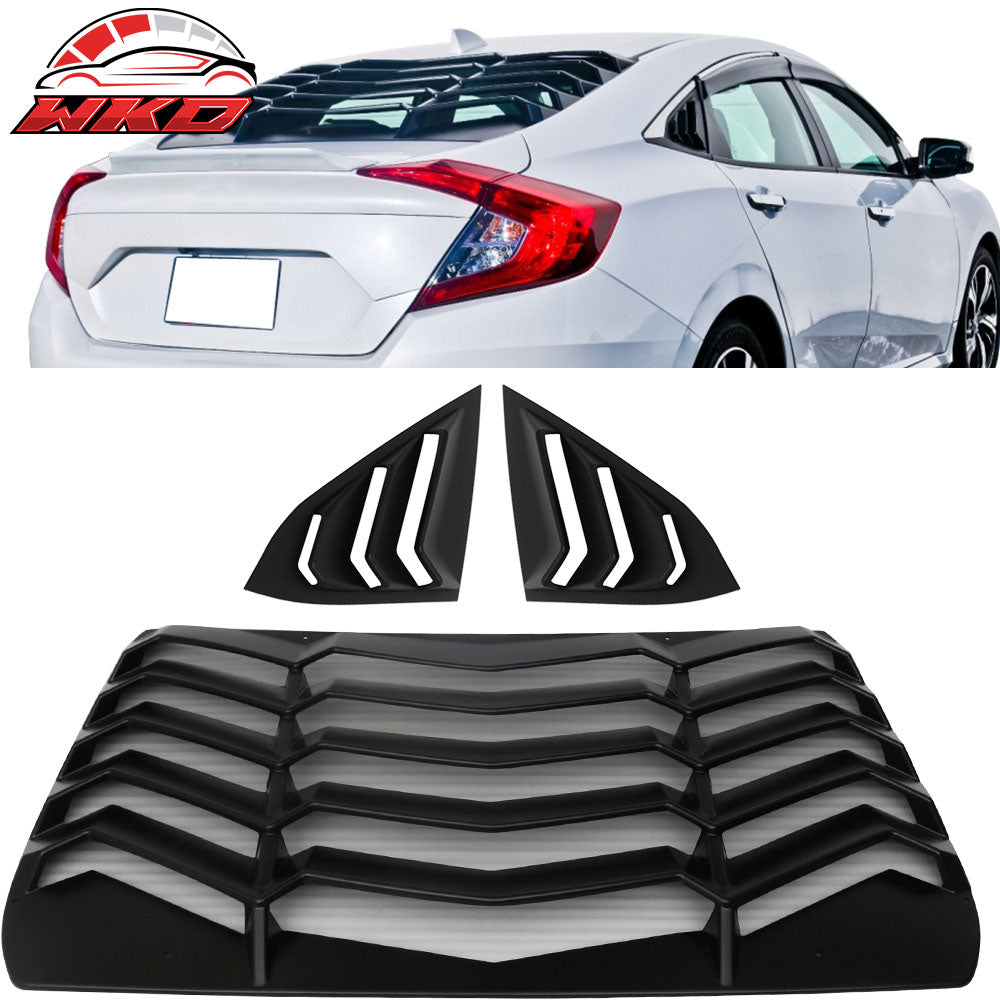 Fits 16-21 Honda Civic Sedan 4Dr Rear + Side Window Louvers Sun Shade Cover ABS