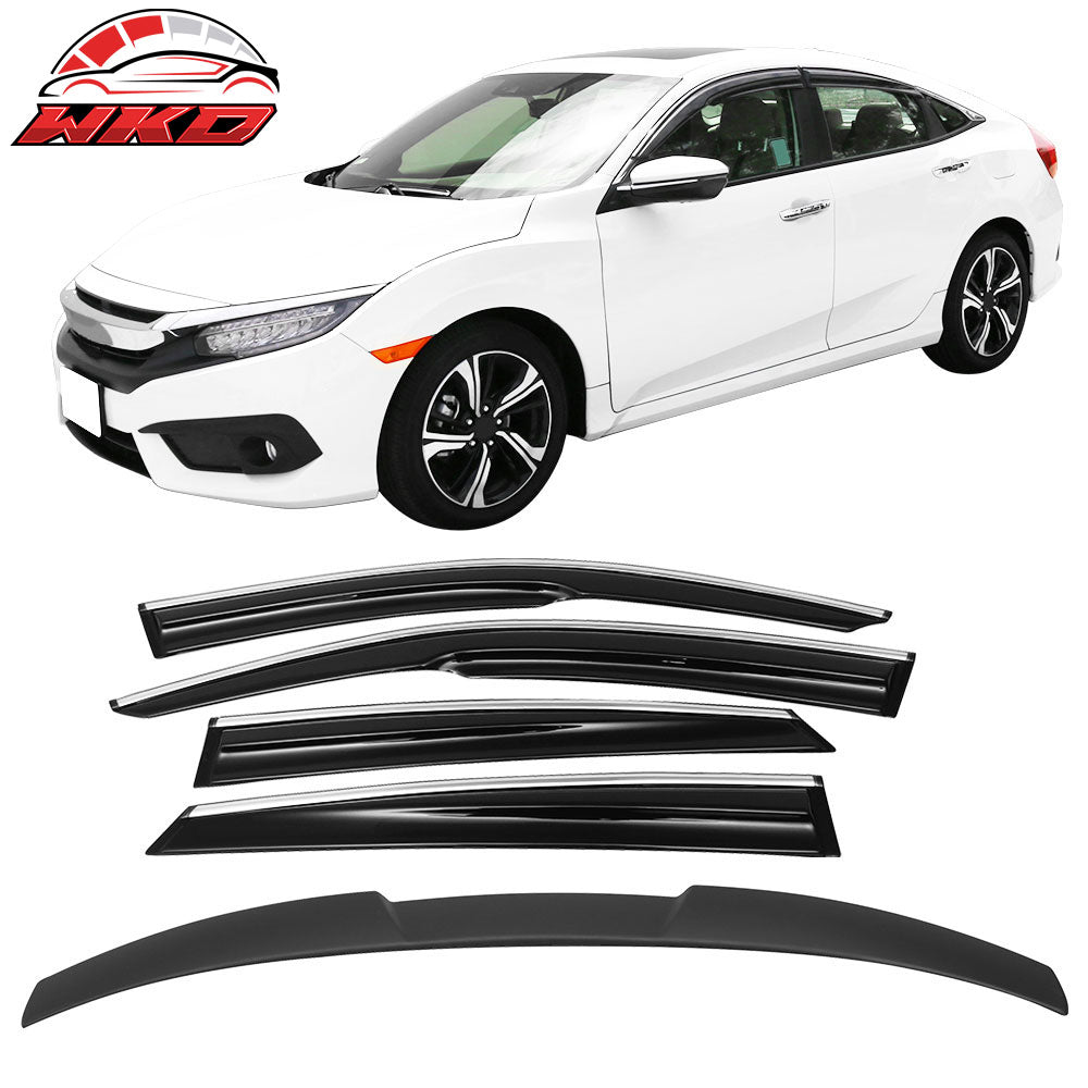 Fits 16-21 Civic X 10th Gen Sedan IKON Roof Spoiler MUG Window Visor Chrome Trim