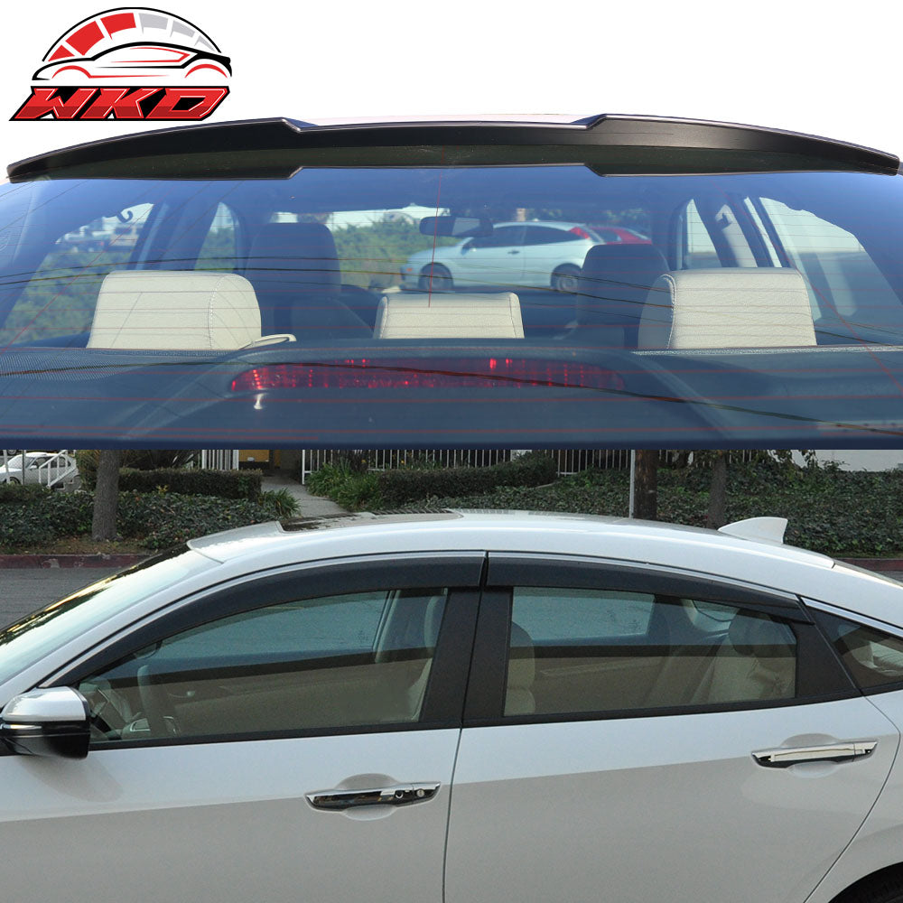 Fits 16-21 Civic X 10th Gen Sedan IKON Roof Spoiler OE Style Window Visor ABS