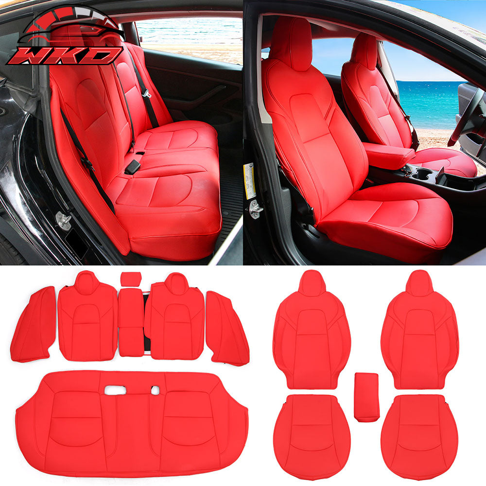 Fits 17-23 Tesla Model 3 5-Seat Seat Covers Red Cushion Protector Leather 12PCS