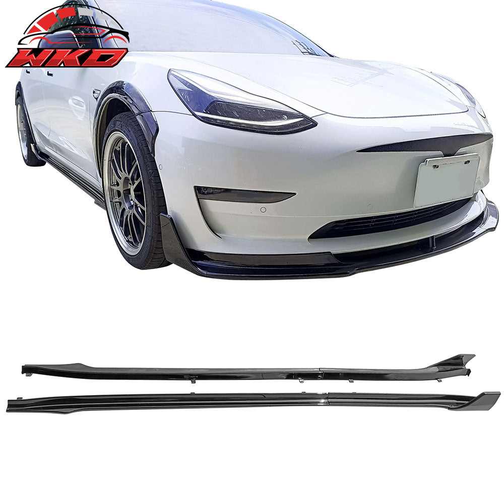 Fits 17-25 Tesla Model 3 Side Skirts Extension V Style Gloss Black Rocker Panel