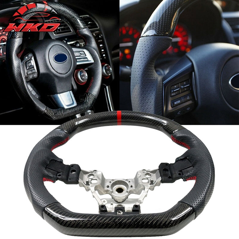 Fit 15-21 Subaru WRX & STI Steering Wheel CF+Perf Leather+Red Stitching+Red Line