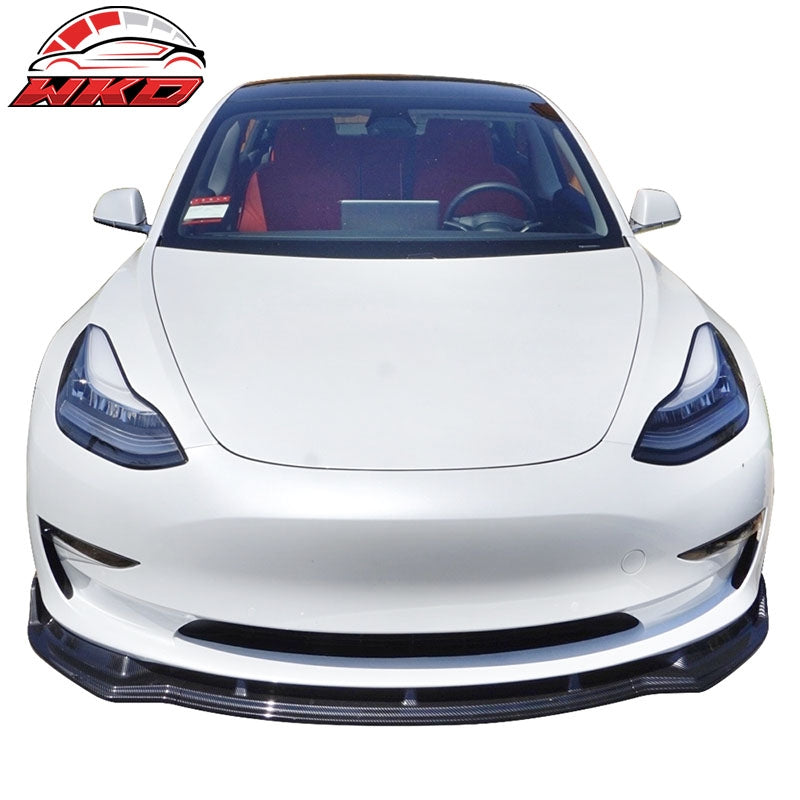 Fits 17-23 Tesla Model 3 Front Bumper Lip 3PC PP Splitter Carbon Fiber Print Kit