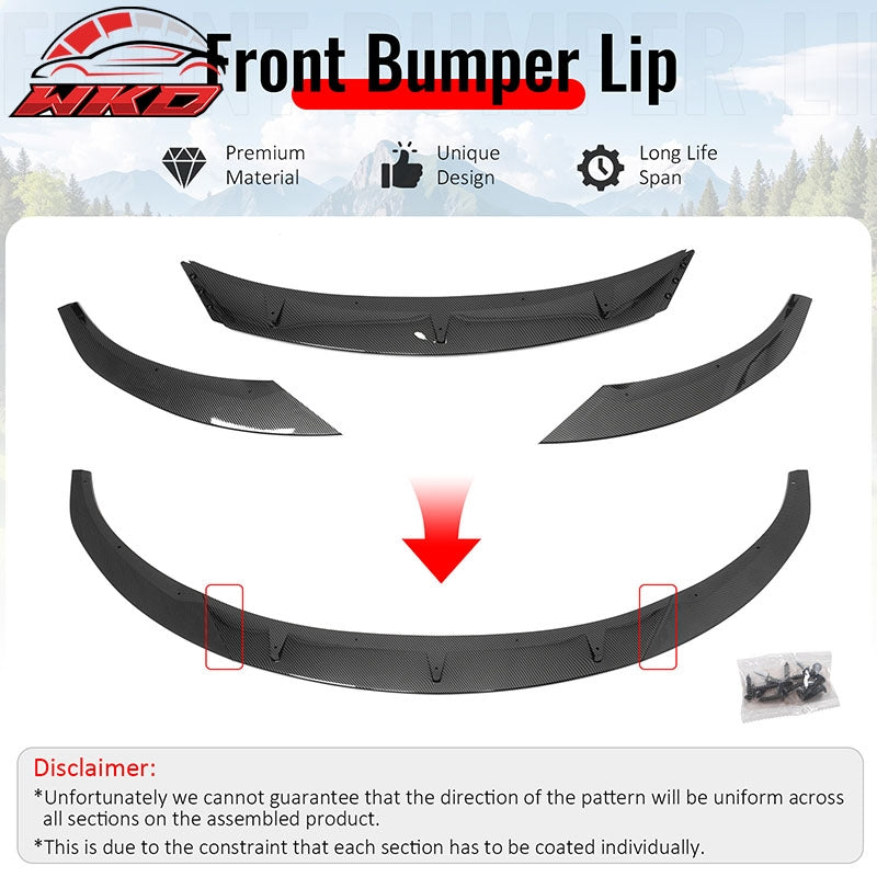 For 24-26 Tesla Model 3 Carbon Fiber Print PP Front Bumper Lip 3PC IKON V4 Style