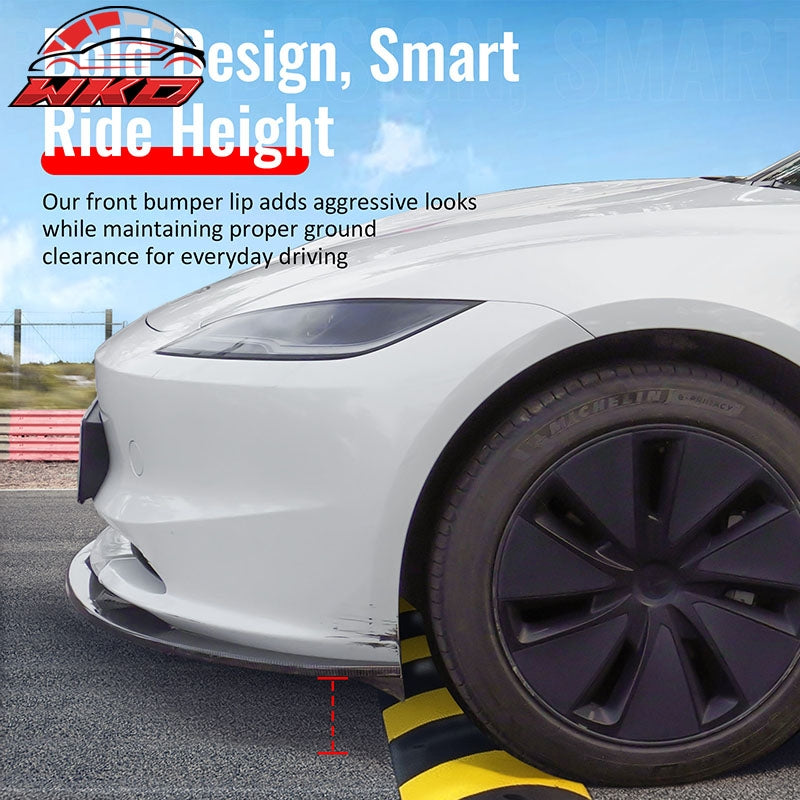 For 24-26 Tesla Model 3 Carbon Fiber Print PP Front Bumper Lip 3PC IKON V4 Style