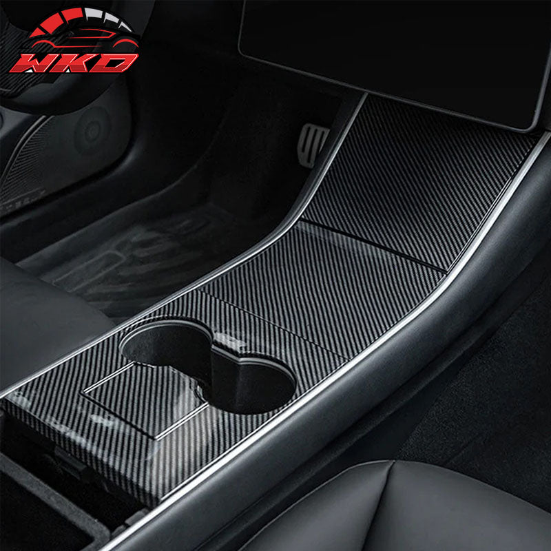 Fits 17-20 Tesla Model 3 Console Storage Box Cover Gloss Carbon Fiber Print ABS