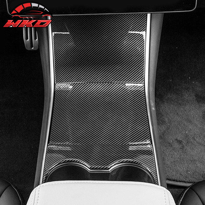 Fits 17-20 Tesla Model 3 Console Storage Box Cover Gloss Carbon Fiber Print ABS