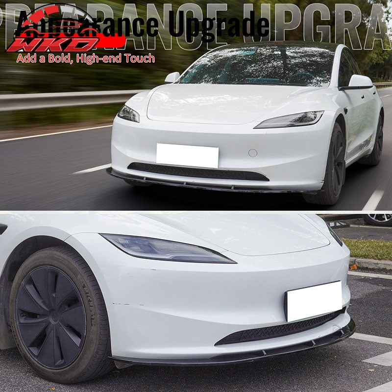 Fits 24-26 Tesla Model 3 Gloss Black PP Front Bumper Lip 3PCS - IKON V4 Style