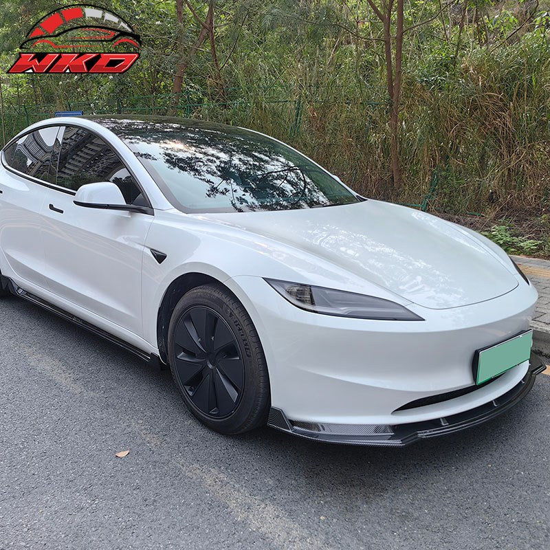 Fits 24-26 Tesla Model 3 3PCS IKON Style Front Bumper Lip Carbon Fiber Print PP