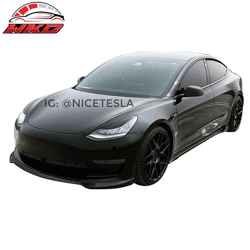 Fits 17-23 Tesla Model 3 IKON Front Bumper Lip Spoiler Carbon Fiber Splitter Kit