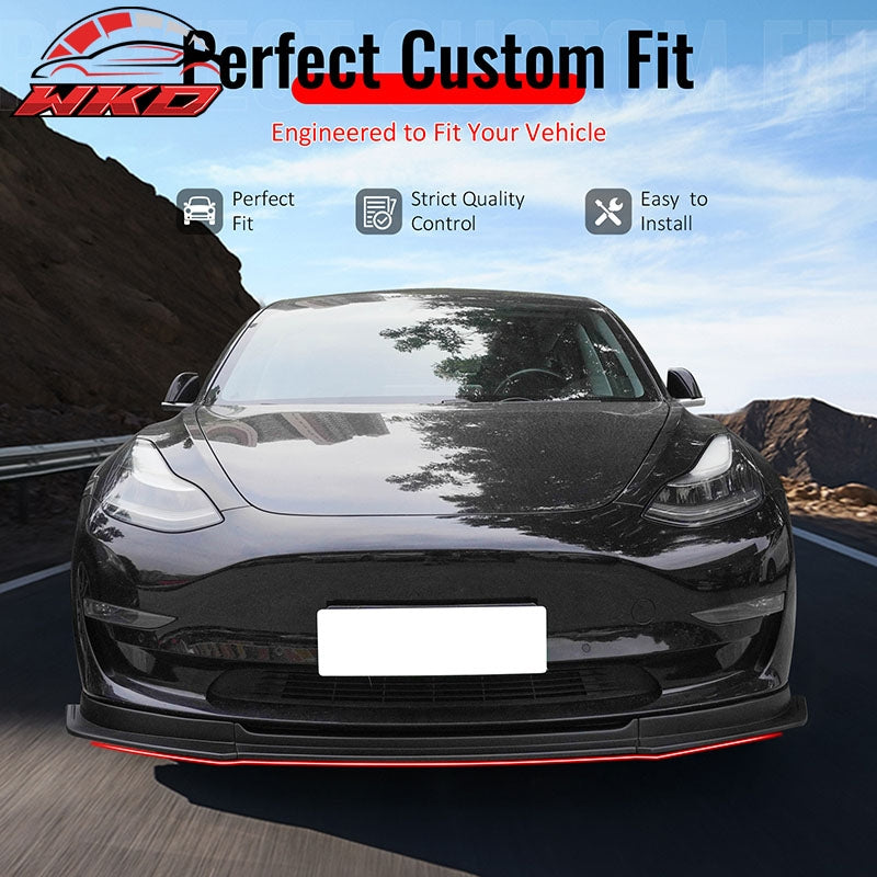 Fits 17-23 Tesla Model 3 IKON V4 Style 3PCS Front Bumper Lip Matte Black ABS