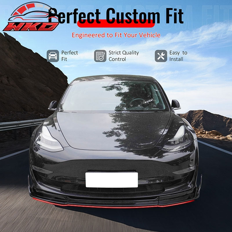 Fits 17-23 Tesla Model 3 IKON V4 3PCS Front Lip w/ V1 Winglets Gloss Black ABS