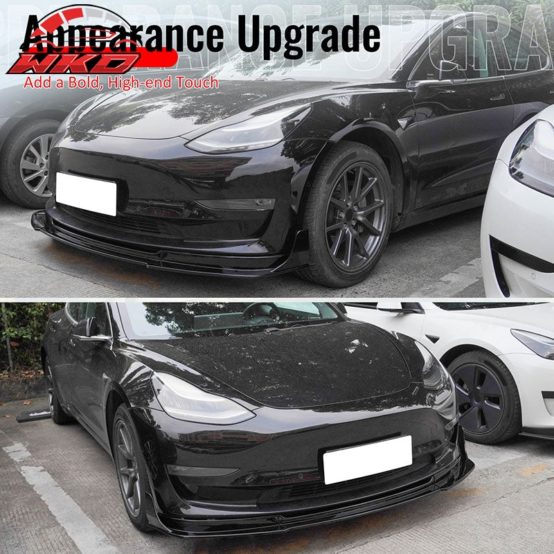 Fits 17-23 Tesla Model 3 IKON V4 3PCS Front Lip w/ V1 Winglets Gloss Black ABS
