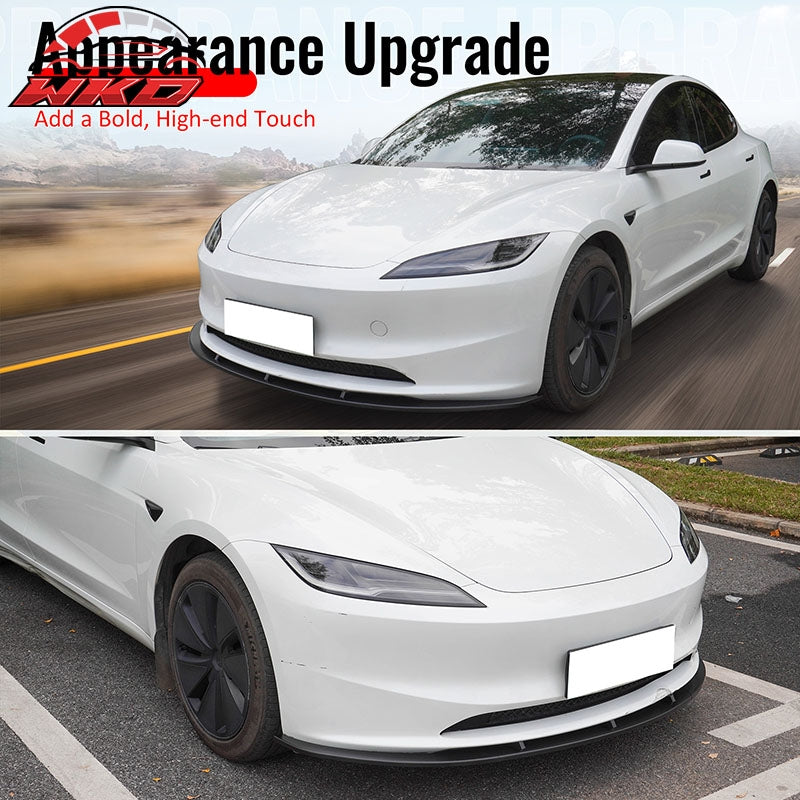 Fits 24-26 Tesla Model 3 Matte Black PP Front Bumper Lip 3PCS - IKON V4 Style